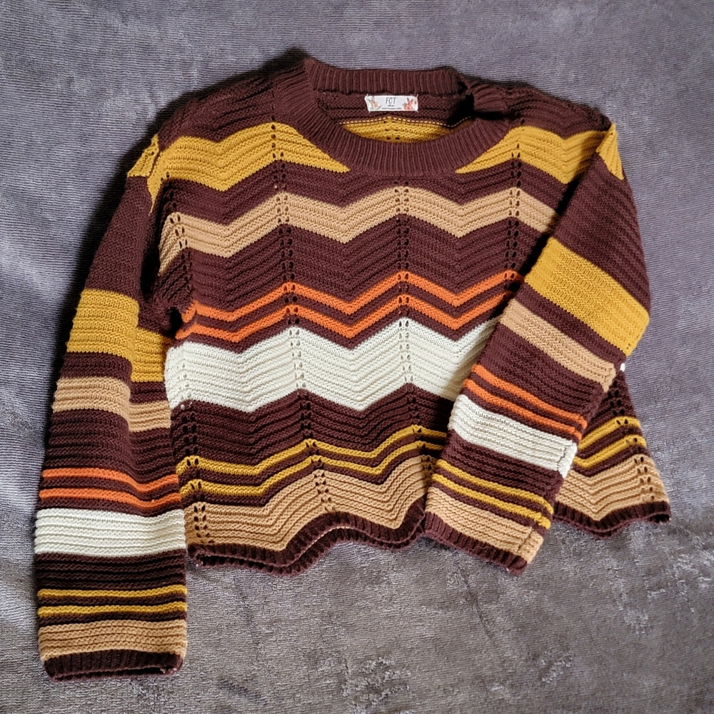 FCT Women's Sz Large Chevron Cropped Knit Sweater in Earth Tones LIKE NEW